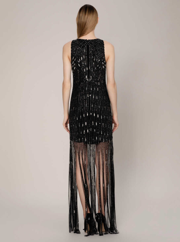  Püskül Detaylı İşlemeli Gece Elbisesi Siyah - 2