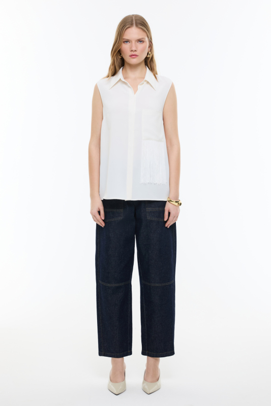 Püskül Detaylı Kolsuz Gömlek Ekru - 4