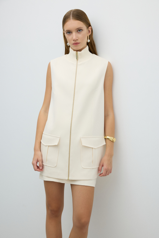 Ribana Yaka Çift Cepli Yelek Ekru - 4