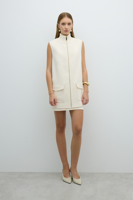 Ribana Yaka Çift Cepli Yelek Ekru - 3