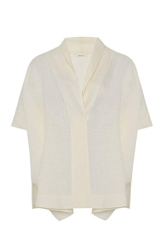 Şal Yaka Oversize Bluz Bej - 4