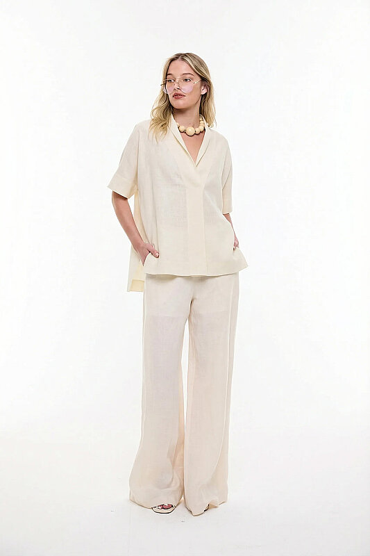 Şal Yaka Oversize Bluz Bej - 3