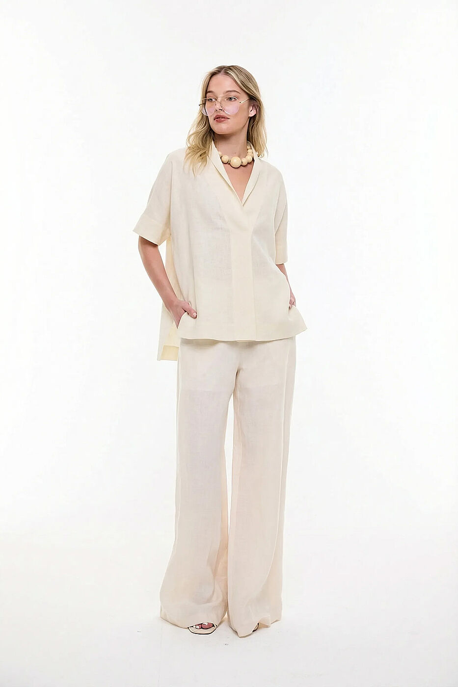 Şal Yaka Oversize Bluz Bej - 3