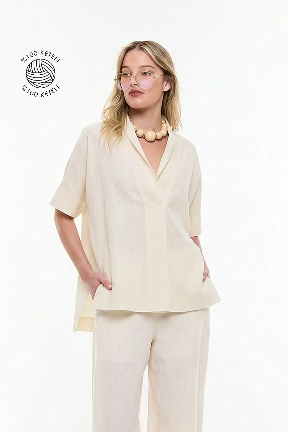 Şal Yaka Oversize Bluz Bej - 1