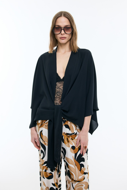 Şal Yakalı Yarasa Kol Kimono Siyah - 1