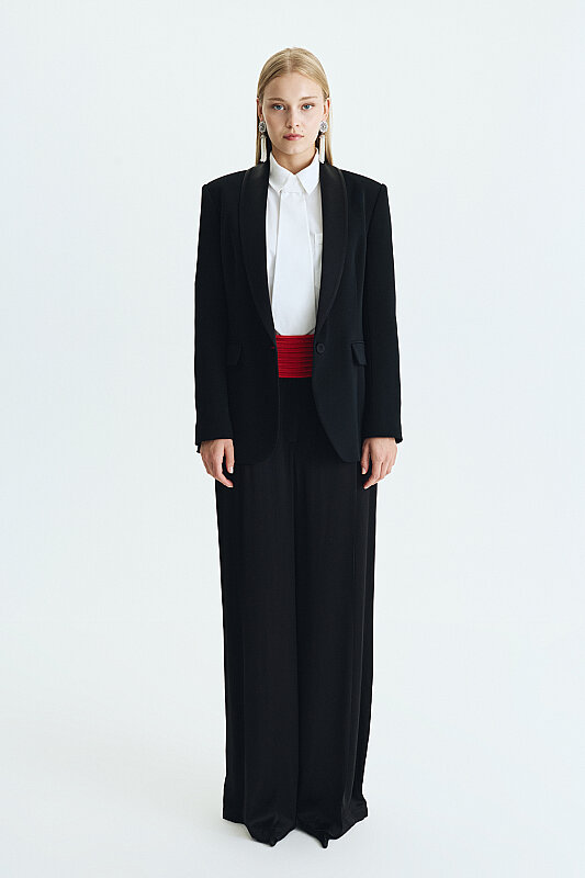 Saten Şal Yakalı Blazer Ceket Siyah - Roman