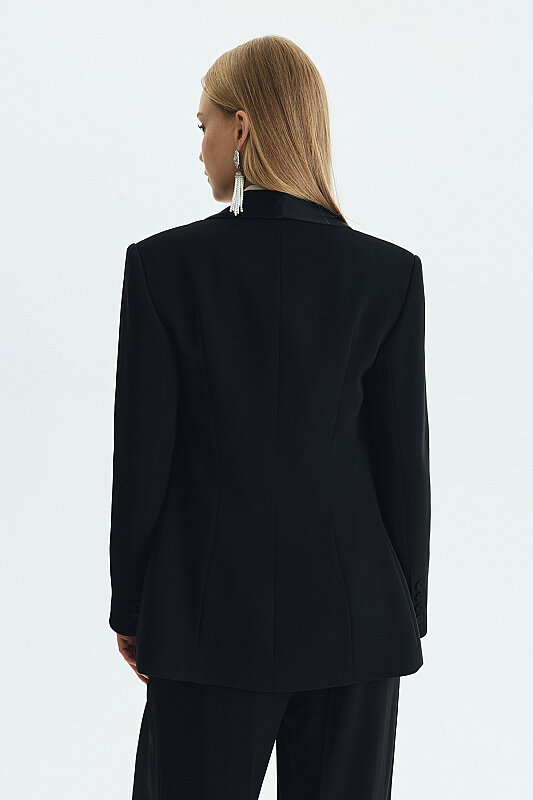 Saten Şal Yakalı Blazer Ceket Siyah - Roman (1)