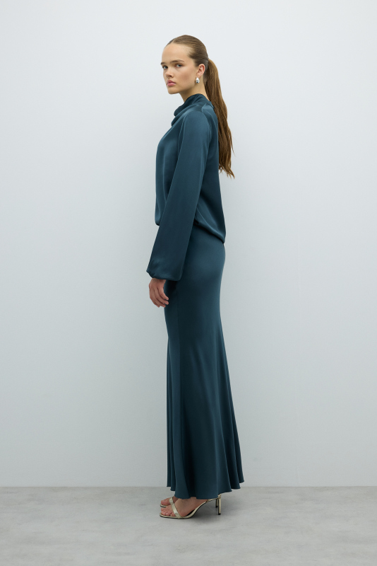 Saten Uzun Etek Petrol - 3