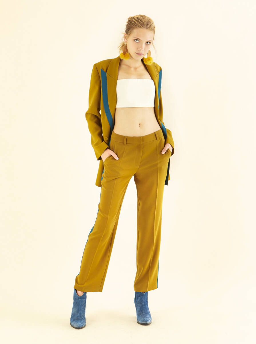  Şerit Detaylı Kadın Pantolon Olive - 1