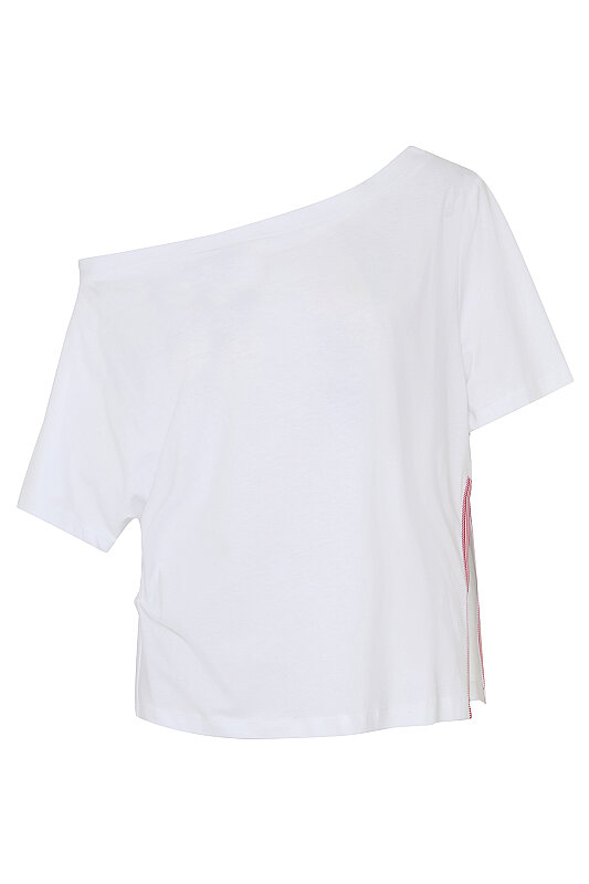 Şerit Detaylı Kayık Yaka T-shirt Beyaz - 3