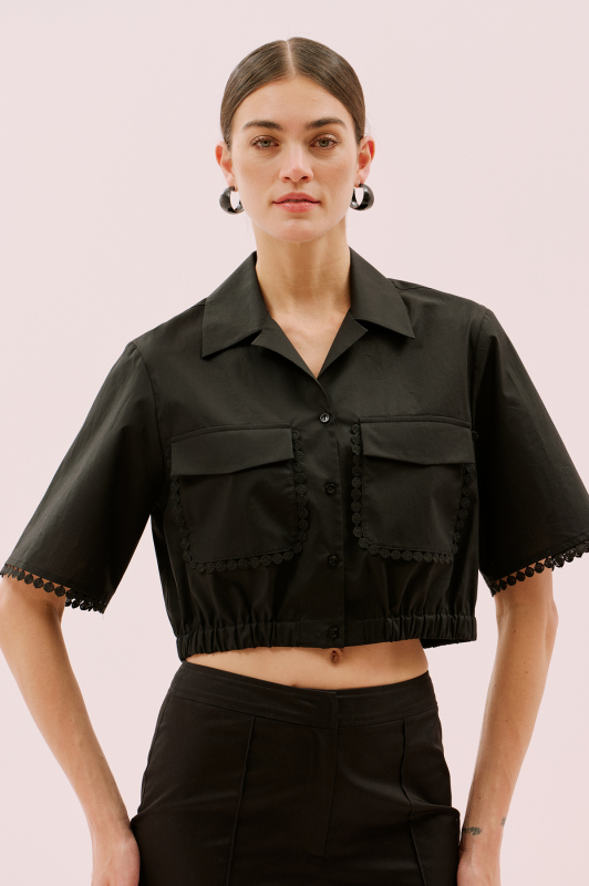 Şerit ve Lastik Detaylı Çift Cepli Kısa Kol Gömlek Siyah - 1