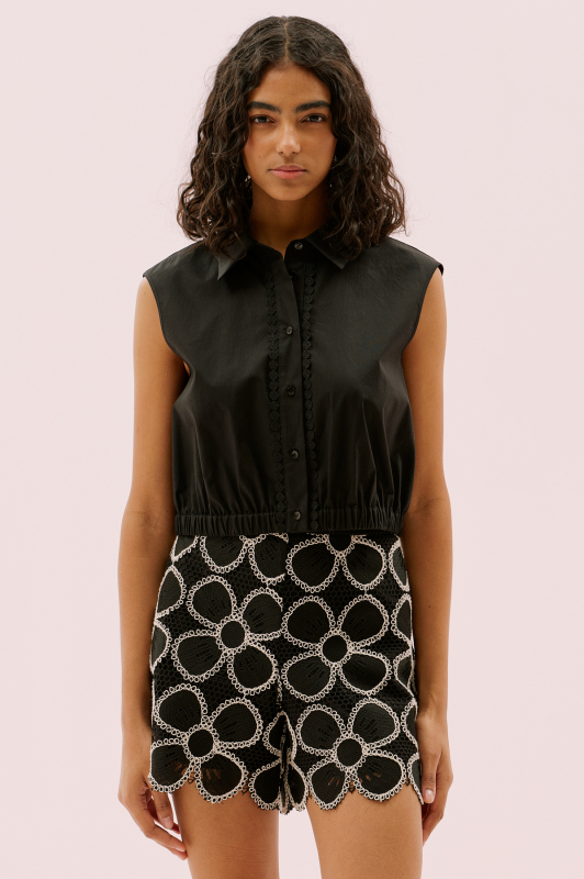 Şerit ve Lastik Detaylı Kolsuz Gömlek Siyah - 1