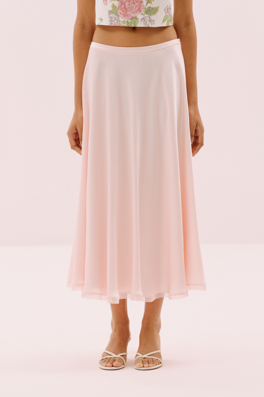 Şifon Biyeli Kloş Midi Boy Saten Etek Pudra - 3