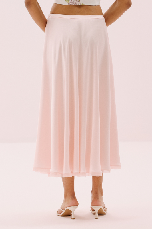 Şifon Biyeli Kloş Midi Boy Saten Etek Pudra - 2