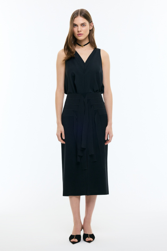 Şifon Detaylı Yırtmaçlı Midi Boy Etek Siyah - Roman