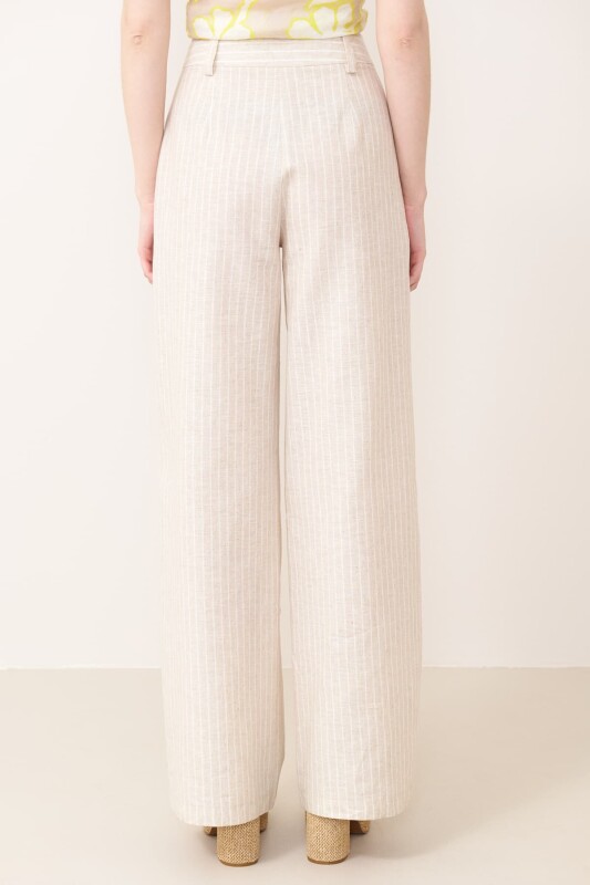 Kemerli Geniş Paça Çizgili Keten Pantolon Standart Renk - Roman (1)