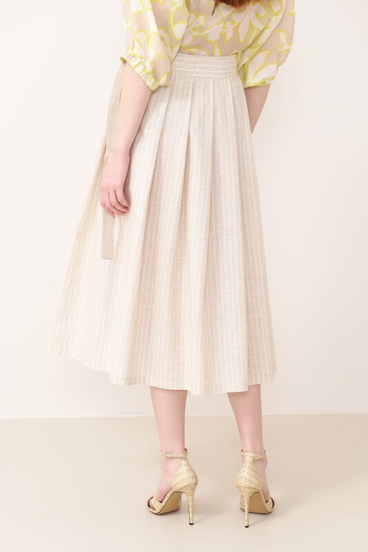 Kemerli Kruvaze Keten Midi Etek Standart Renk - Roman (1)