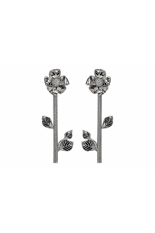 Çiçek Figürlü Yaprak Detaylı Sallantılı Küpe Silver - Roman