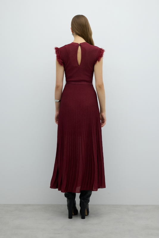 Sırt Dekolteli Beli Bağlama Detaylı Triko Elbise Bordo - 2