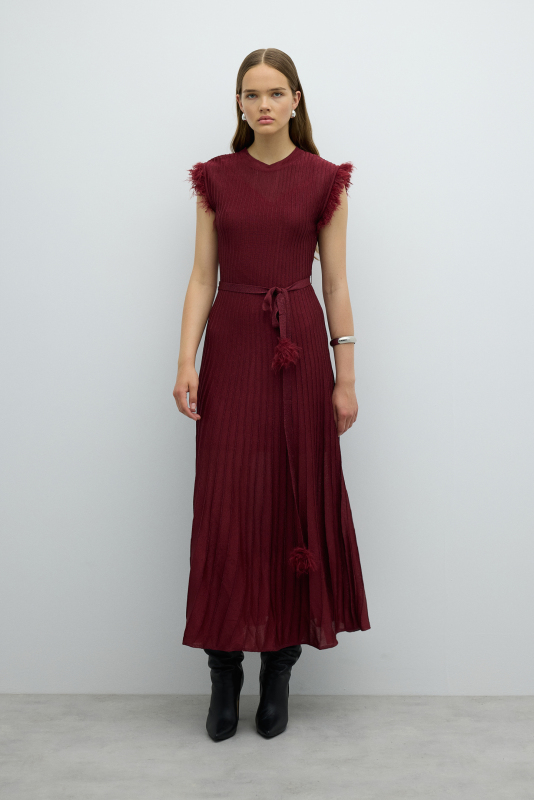 Sırt Dekolteli Beli Bağlama Detaylı Triko Elbise Bordo - 1