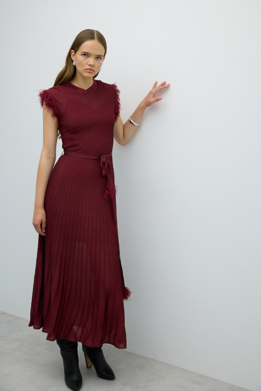 Sırt Dekolteli Beli Bağlama Detaylı Triko Elbise Bordo - 4