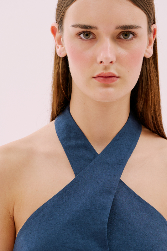 Sırt Dekolteli Çapraz Askılı Keten Büstiyer Lacivert - 4