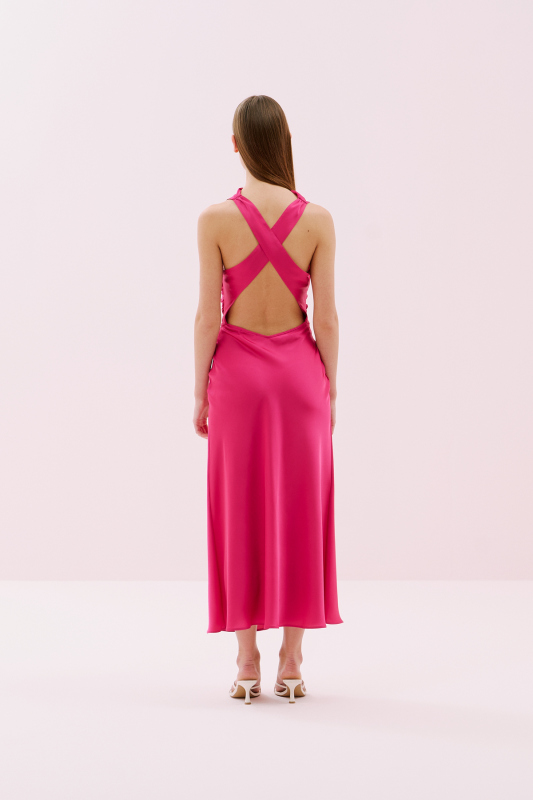 Sırt Dekolteli Degaje Yaka Midi Boy Saten Elbise Fuşya - 2
