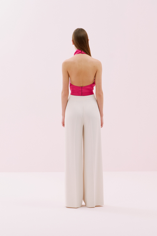 Sırt Dekolteli Degaje Yaka Saten Bluz Fuşya - 2