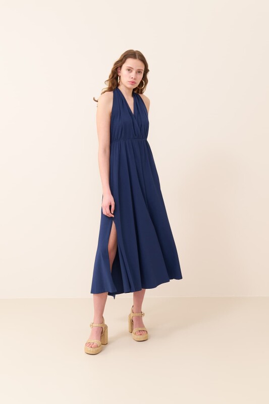 Sırt Dekolteli Maksi Boy Elbise Lacivert - 7