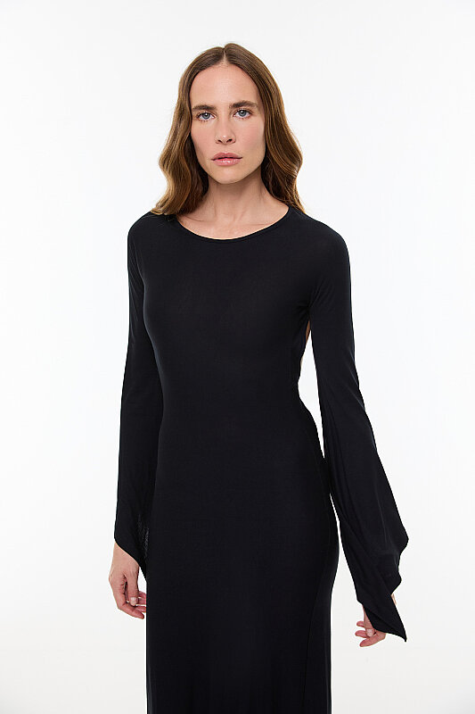 Sırt Dekolteli Örme Elbise Siyah - 4