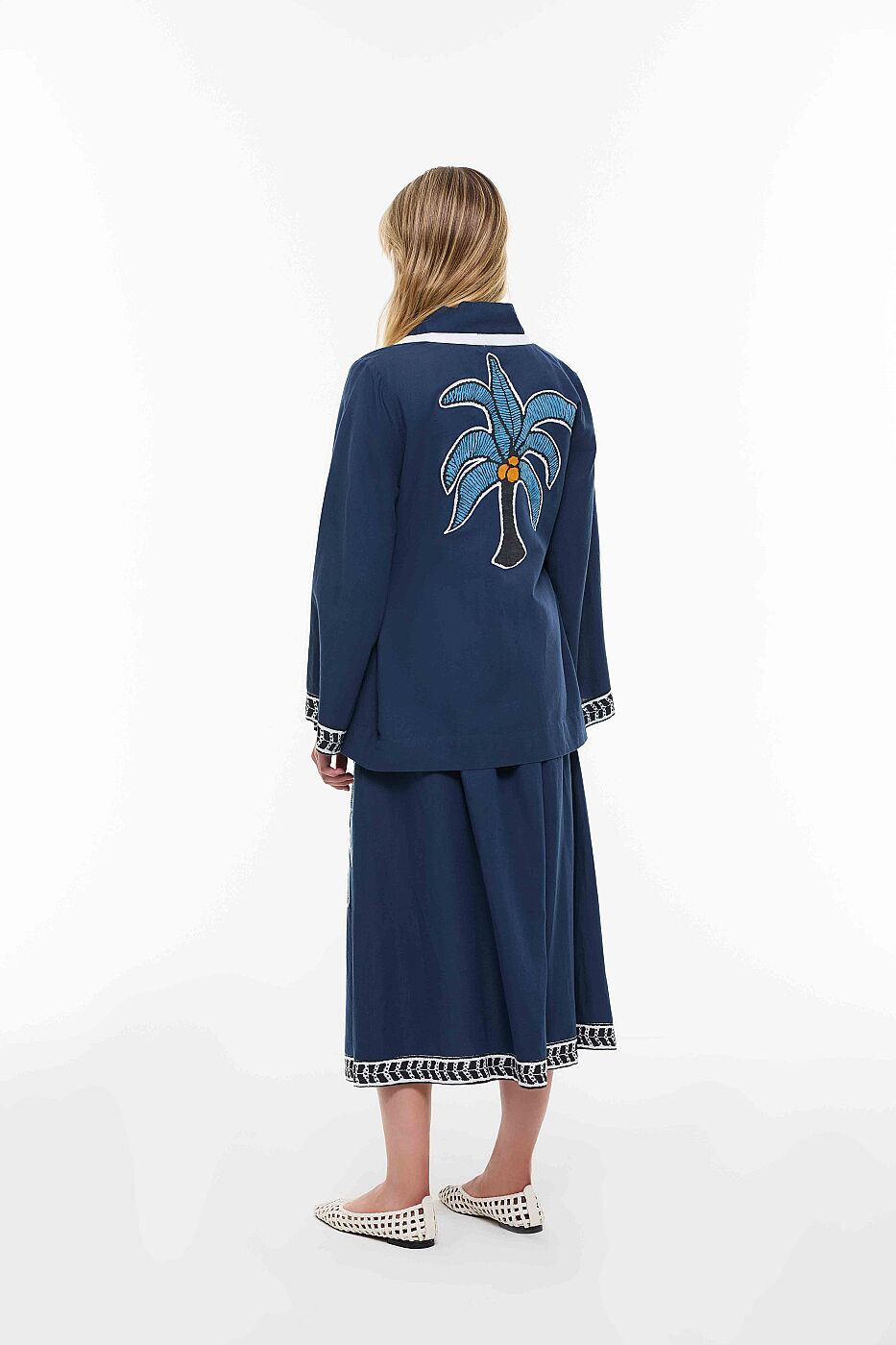 Sırt Detaylı Keten Garnili Kimono Lacivert - 2