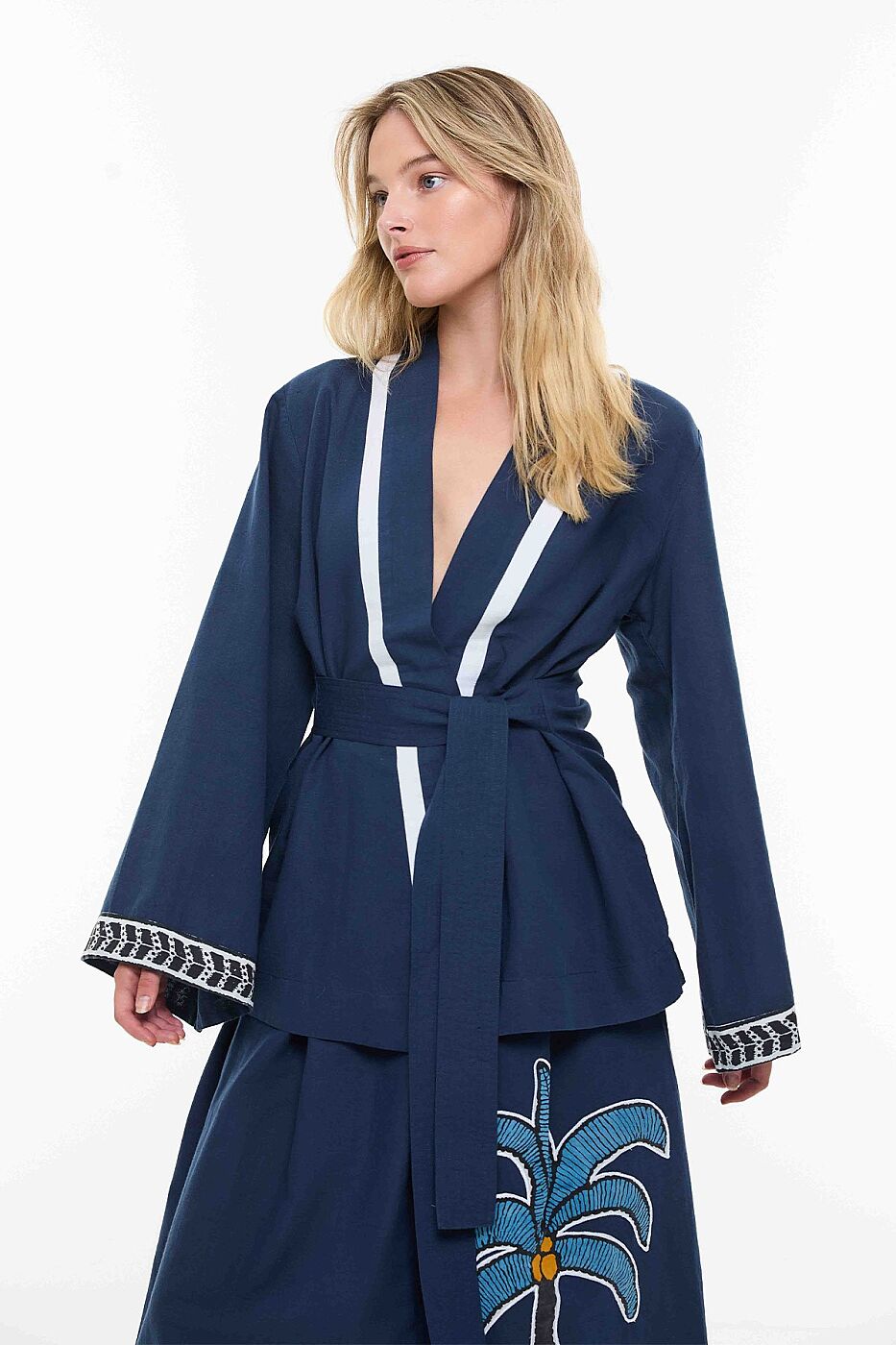 Sırt Detaylı Keten Garnili Kimono Lacivert - 3