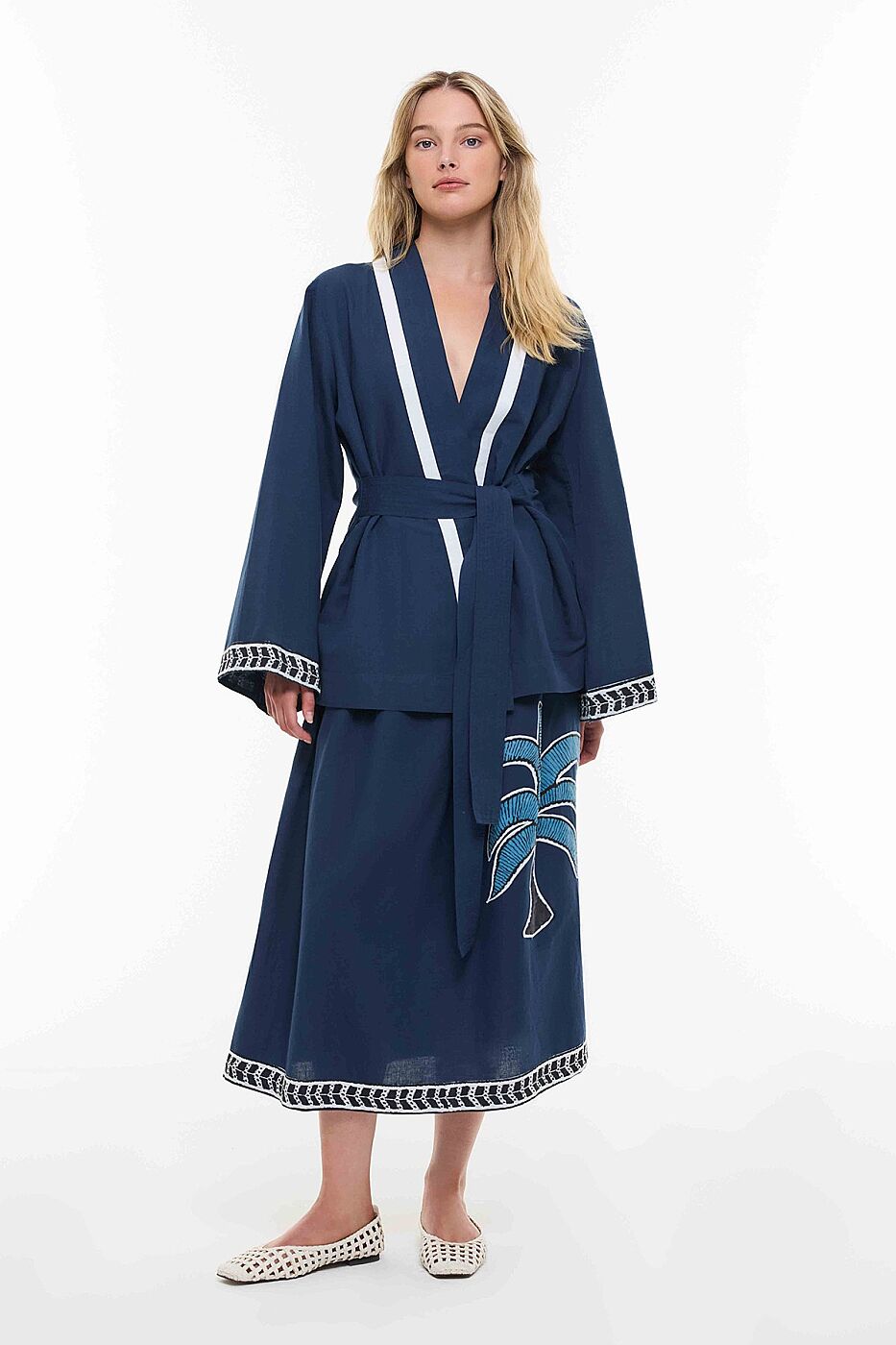 Sırt Detaylı Keten Garnili Kimono Lacivert - 1