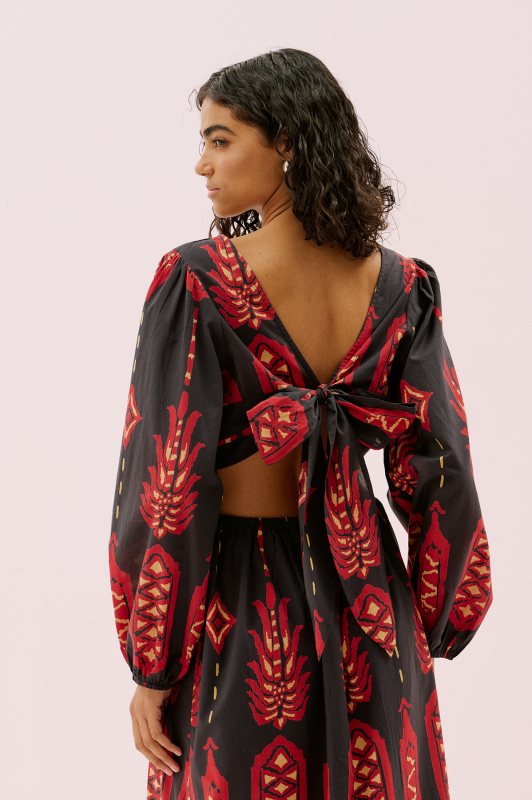 Sırtı Bağlama Detaylı Beli Lastikli Uzun Elbise Standart Renk - 3