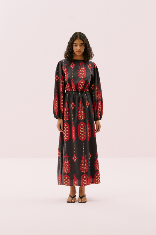 Sırtı Bağlama Detaylı Beli Lastikli Uzun Elbise Standart Renk - 4