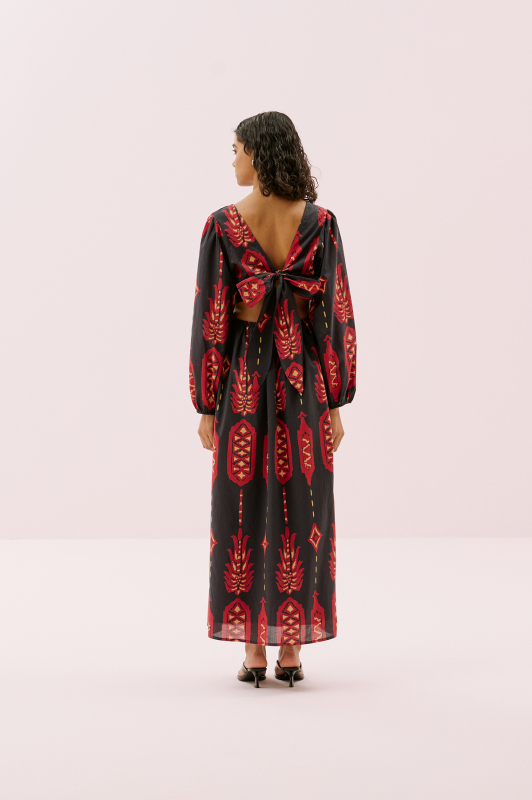 Sırtı Bağlama Detaylı Beli Lastikli Uzun Elbise Standart Renk - 2