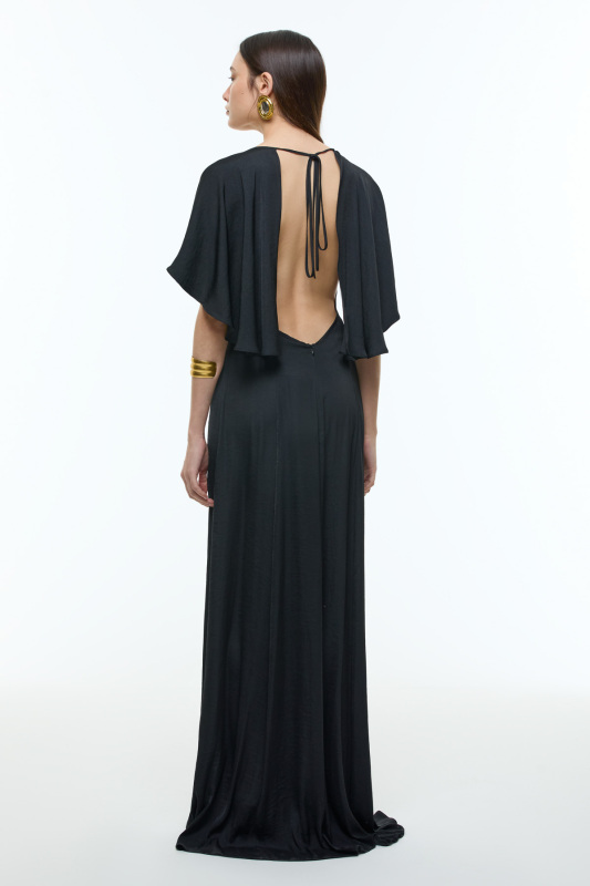 Pelerin Detaylı Sırt Dekolteli Maksi Boy Elbise Siyah - Roman (1)
