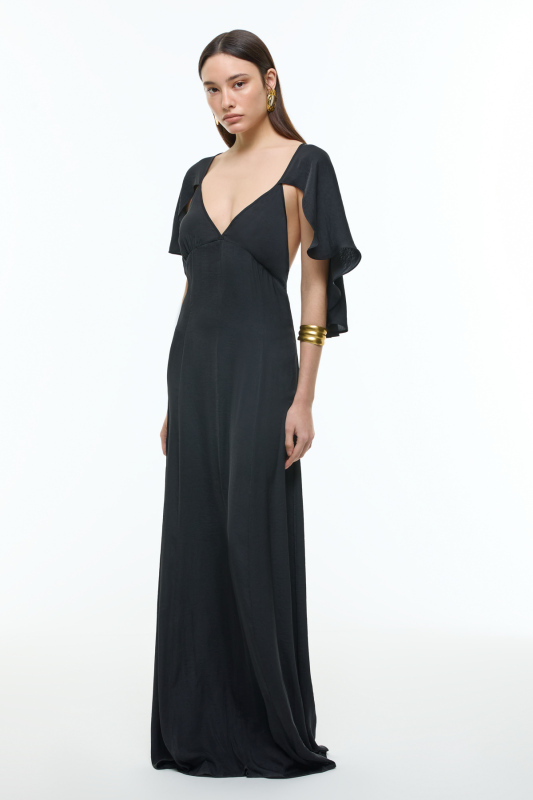 Pelerin Detaylı Sırt Dekolteli Maksi Boy Elbise Siyah - Roman