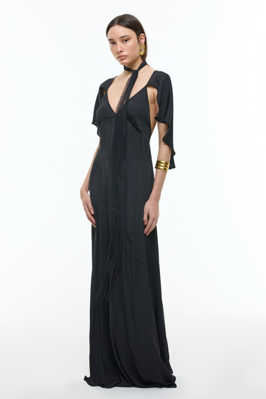 Pelerin Detaylı Sırt Dekolteli Maksi Boy Elbise Siyah - 3