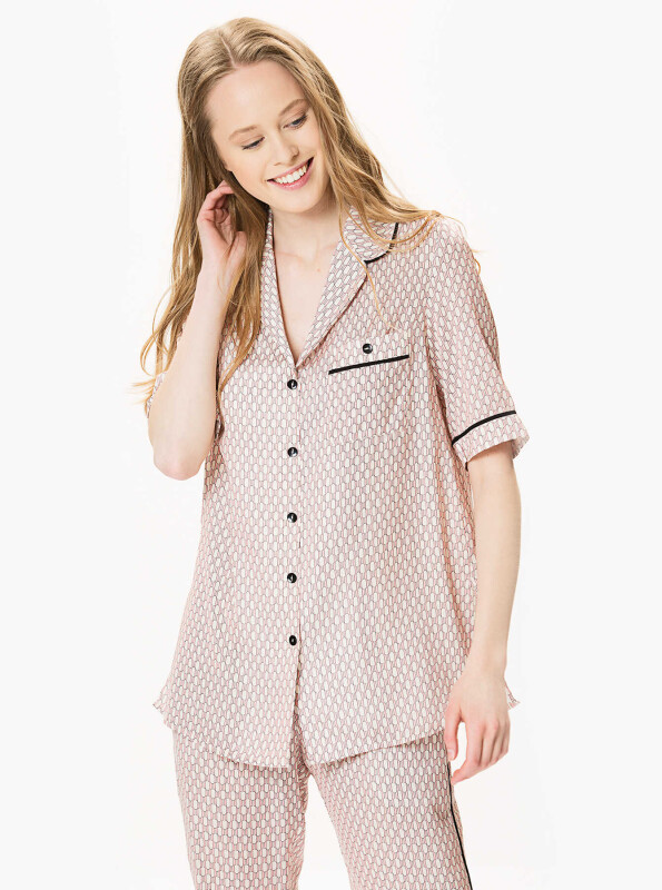 Siyah Detaylı Desenli Kadın Gömlek Orginal - 1