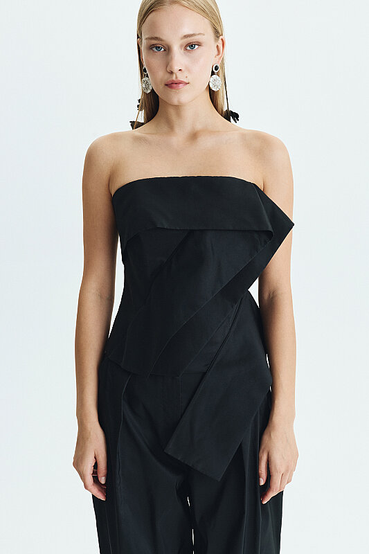 Straplez Drape Detaylı Asimetrik Büstiyer Siyah - 3