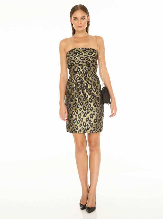  Straplez Gold Desenli Mini Elbise Orginal - 1