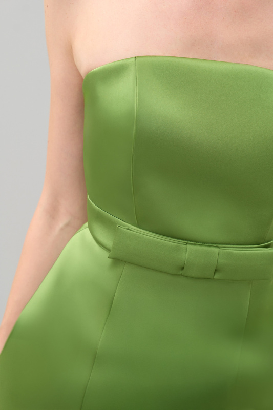 Straplez Saten Midi Boy Elbise Yeşil - 2