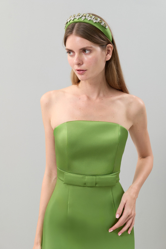 Straplez Saten Midi Boy Elbise Yeşil - 3