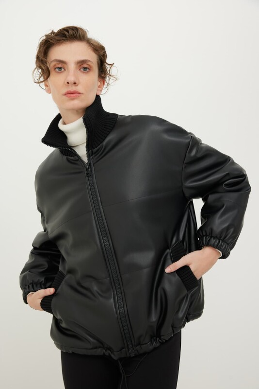 Ribana Yakalı Deri Mont Siyah - 3