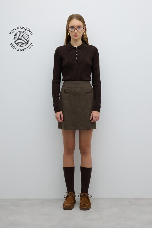 Süs Cep Kapaklı Mini Etek Kahve - Roman