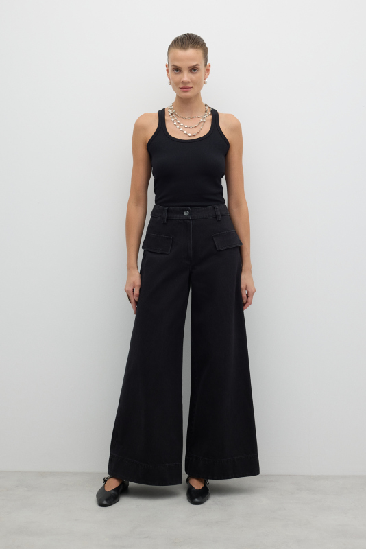 Süs Cepli Geniş Paça Denim Siyah - 1