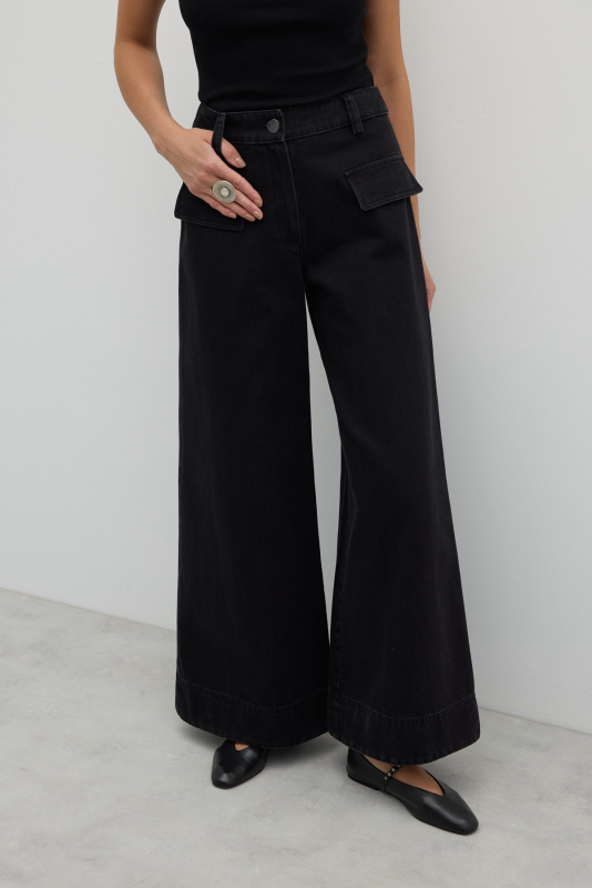 Süs Cepli Geniş Paça Denim Siyah - 5