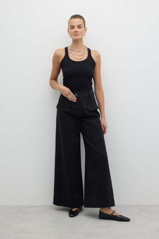 Süs Cepli Geniş Paça Denim Siyah - 4