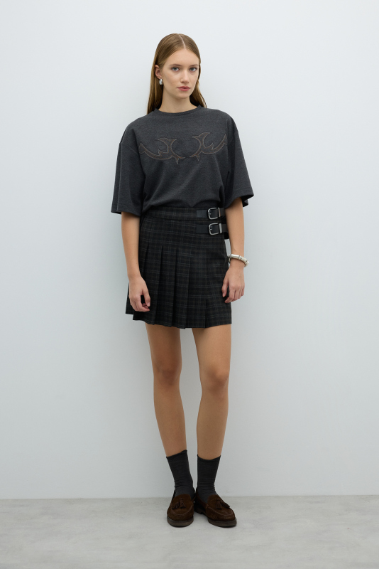 Süs Tokalı Pileli Mini Etek Antrasit - Roman